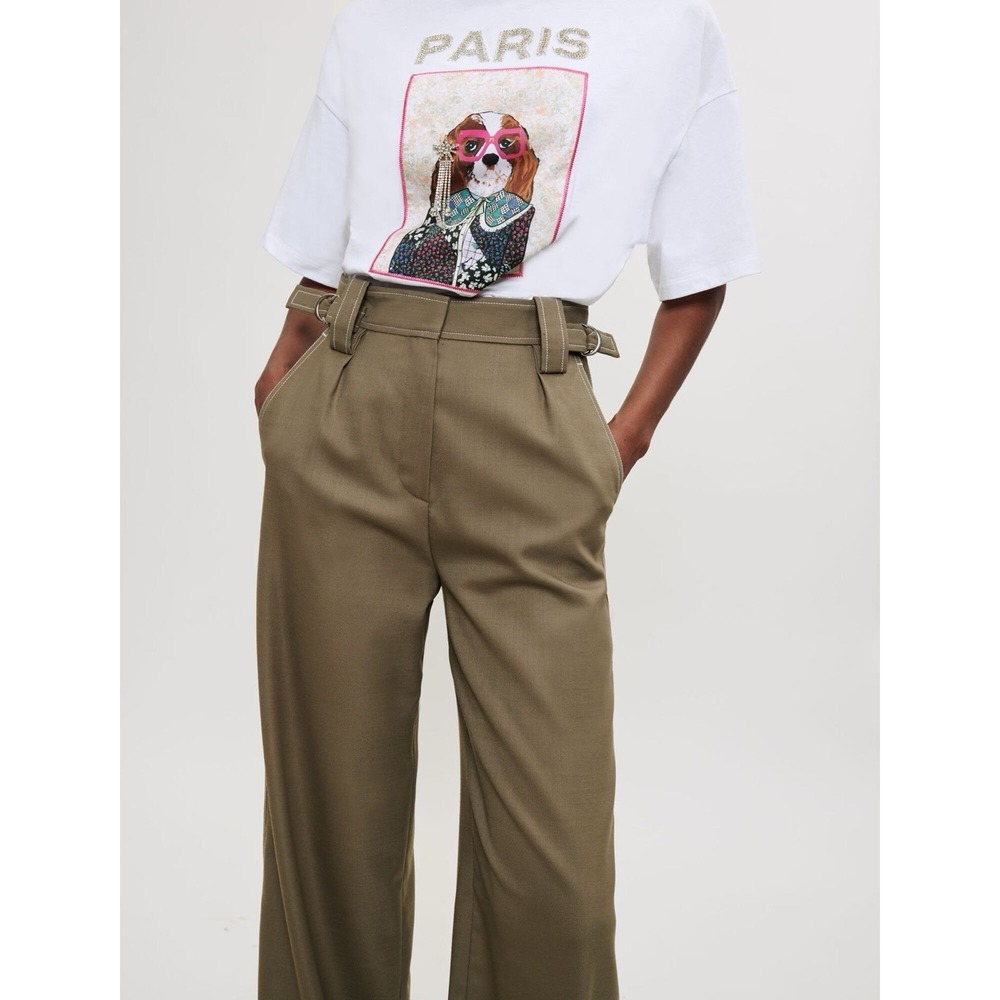 Maje Women's High Waisted Tailored Trousers Wide Leg Green/Khaki 38 Waist